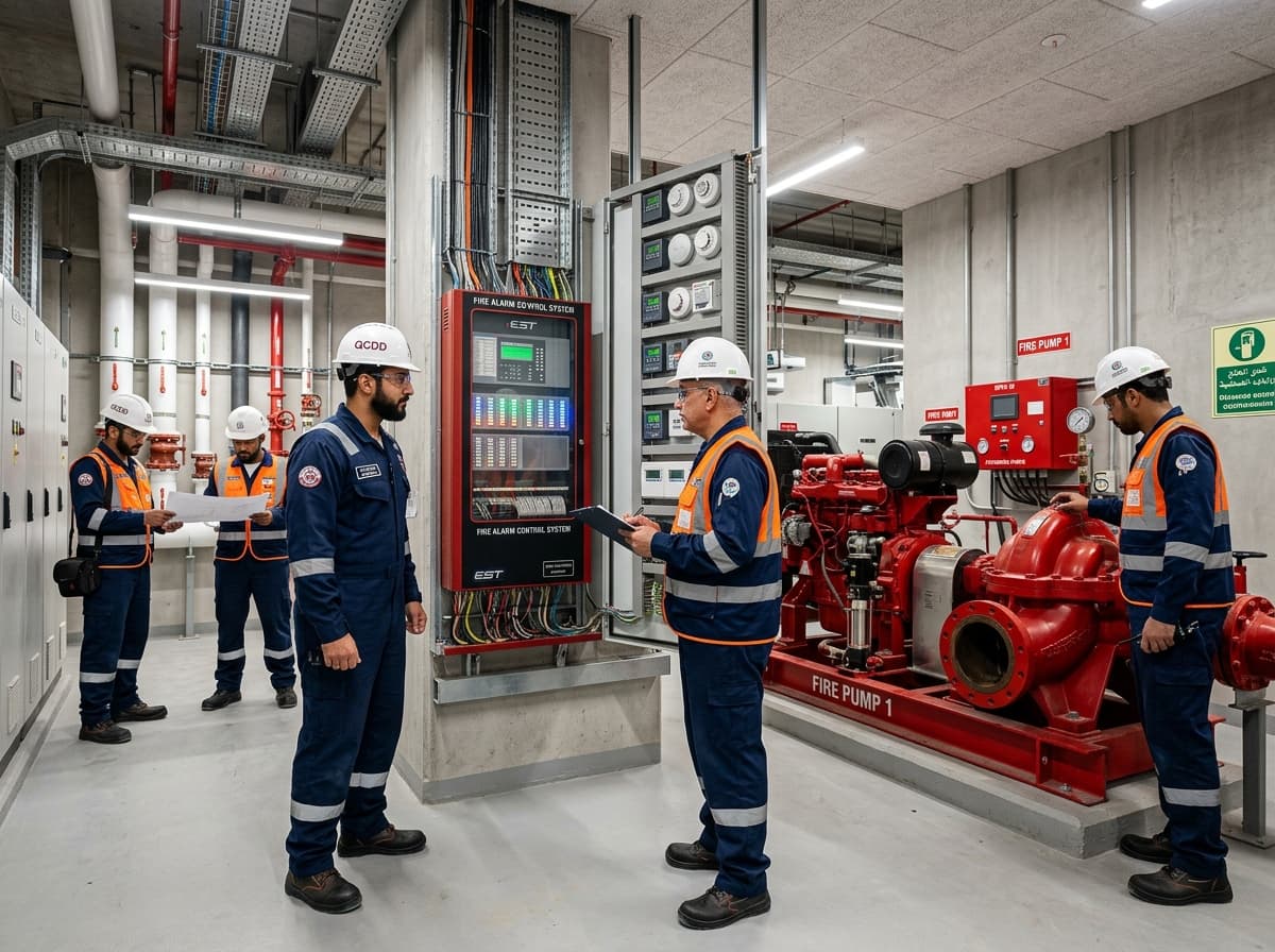 QCDD-certified fire protection engineers from Adam Technical Services inspecting a fire pump room and alarm panel in Doha, Qatar