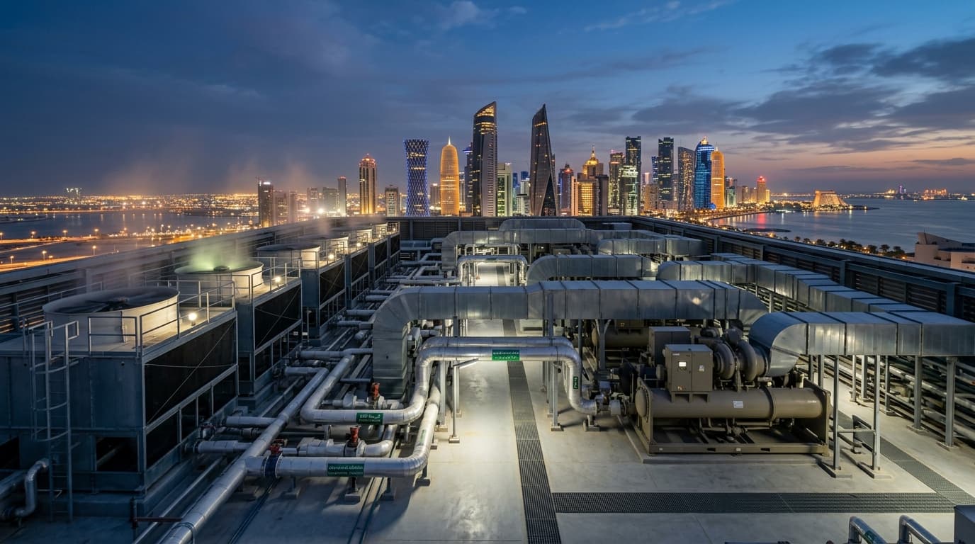 Commercial HVAC cooling chiller plant on Doha skyscraper overlooking West Bay skyline